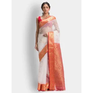 Angoshobha Handloom White Art Silk Kanchipuram Saree with Unstitched Blouse