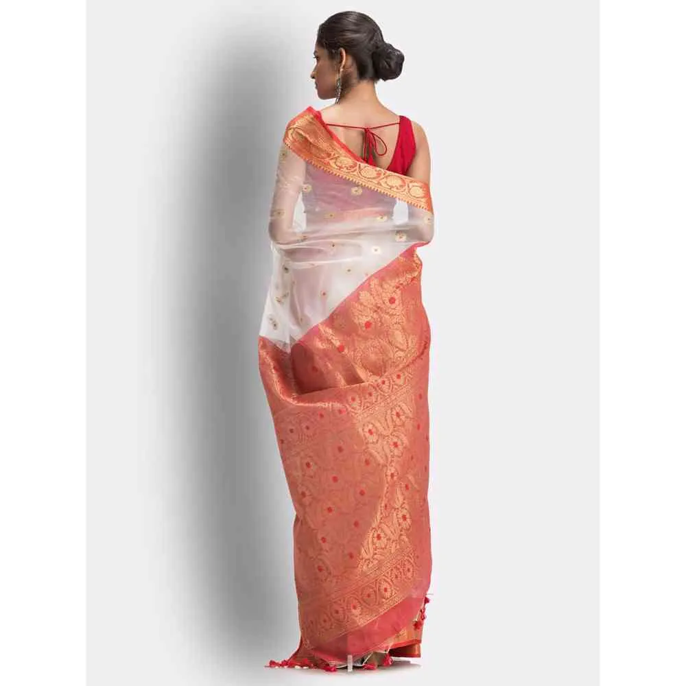 Angoshobha Handloom White Art Silk Kanchipuram Saree with Unstitched Blouse