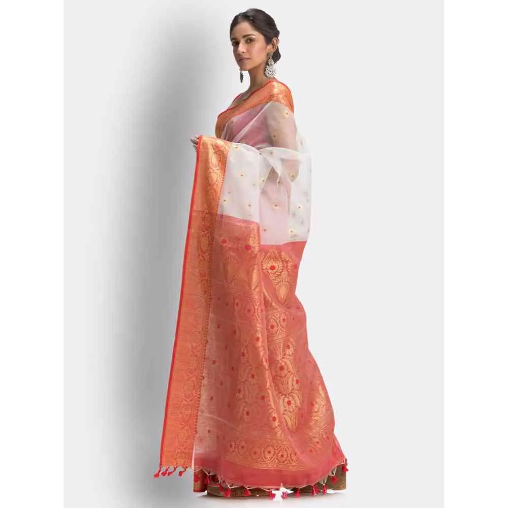 Angoshobha Handloom White Art Silk Kanchipuram Saree with Unstitched Blouse