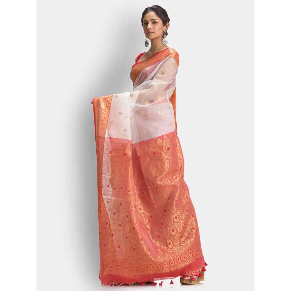 Angoshobha Handloom White Art Silk Kanchipuram Saree with Unstitched Blouse
