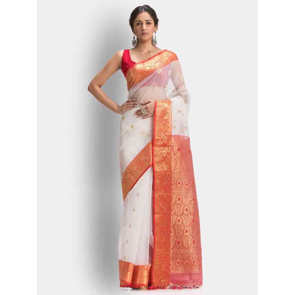 Angoshobha Handloom White Art Silk Kanchipuram Saree with Unstitched Blouse
