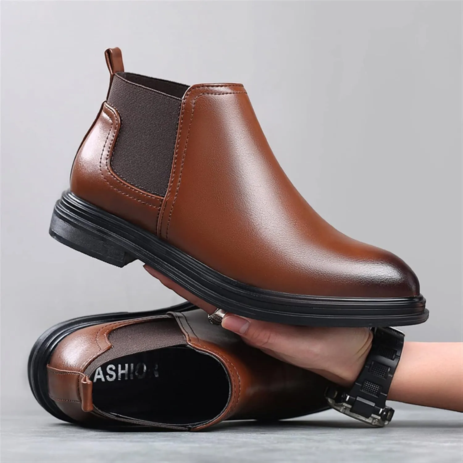 Ankle Boots for Men Elastic Bandage Burnished Toe Vegan Leather Waterproof On Non Slip Wearable Anti-Slip Dress Fashion
