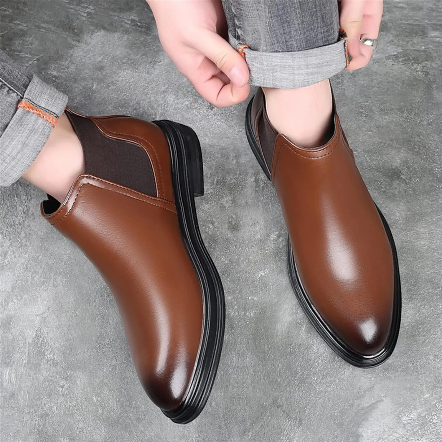 Ankle Boots for Men Elastic Bandage Burnished Toe Vegan Leather Waterproof On Non Slip Wearable Anti-Slip Dress Fashion