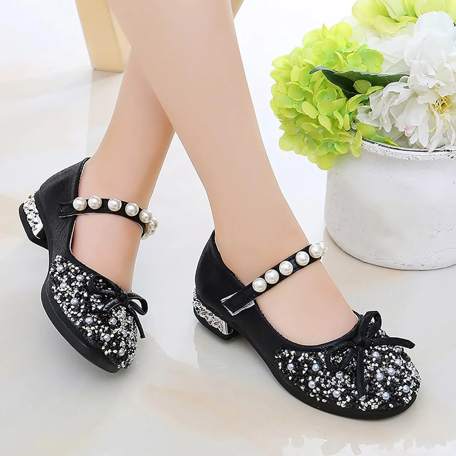 Baby Girls Beaded Sequins Sandals Cap Toe Ankle Strap Pearl Wedding Shoes Toddler Lightweight Comfy Summer Dress Shoes