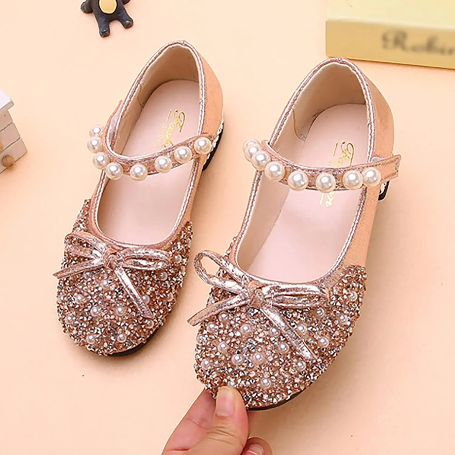 Baby Girls Beaded Sequins Sandals Cap Toe Ankle Strap Pearl Wedding Shoes Toddler Lightweight Comfy Summer Dress Shoes