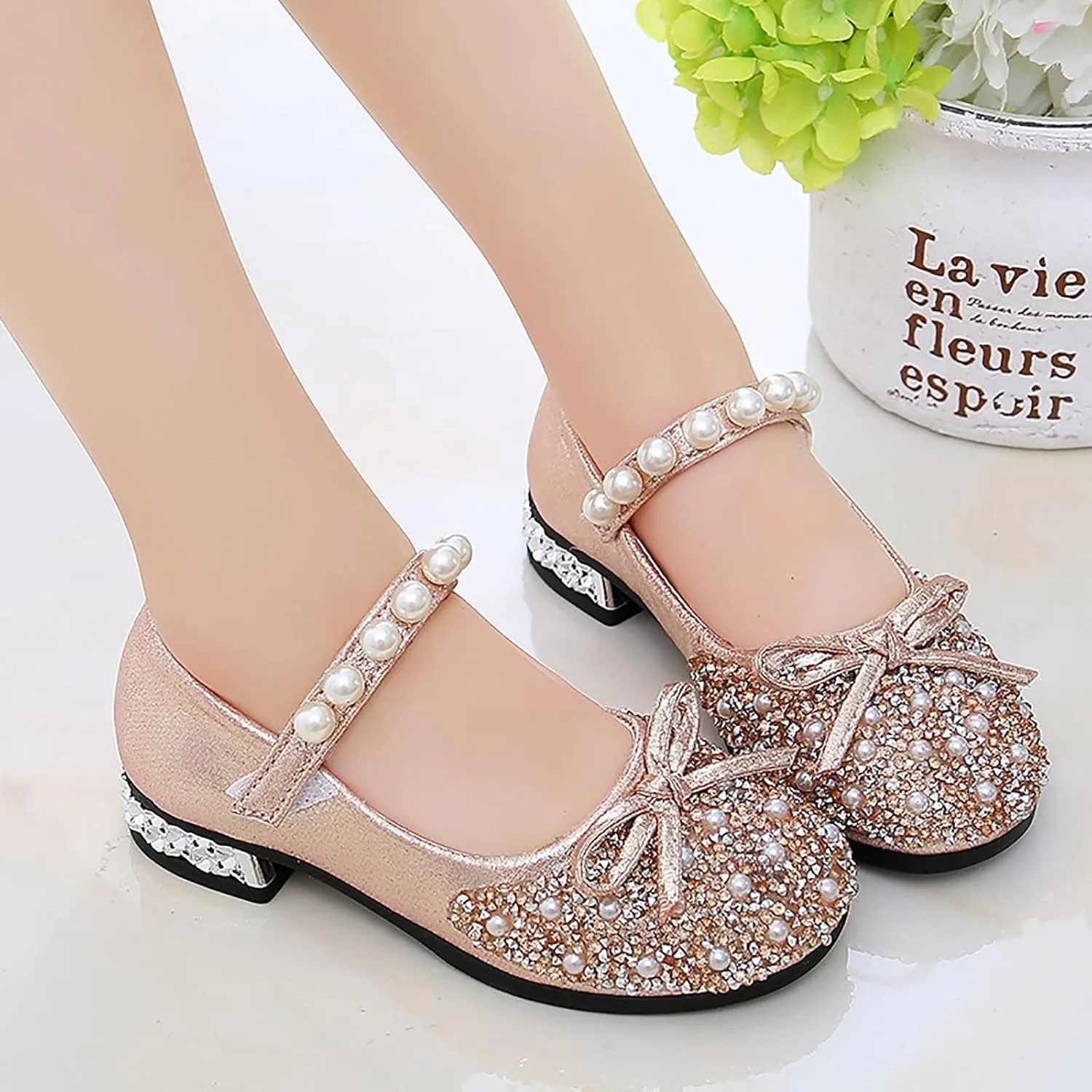 Baby Girls Beaded Sequins Sandals Cap Toe Ankle Strap Pearl Wedding Shoes Toddler Lightweight Comfy Summer Dress Shoes