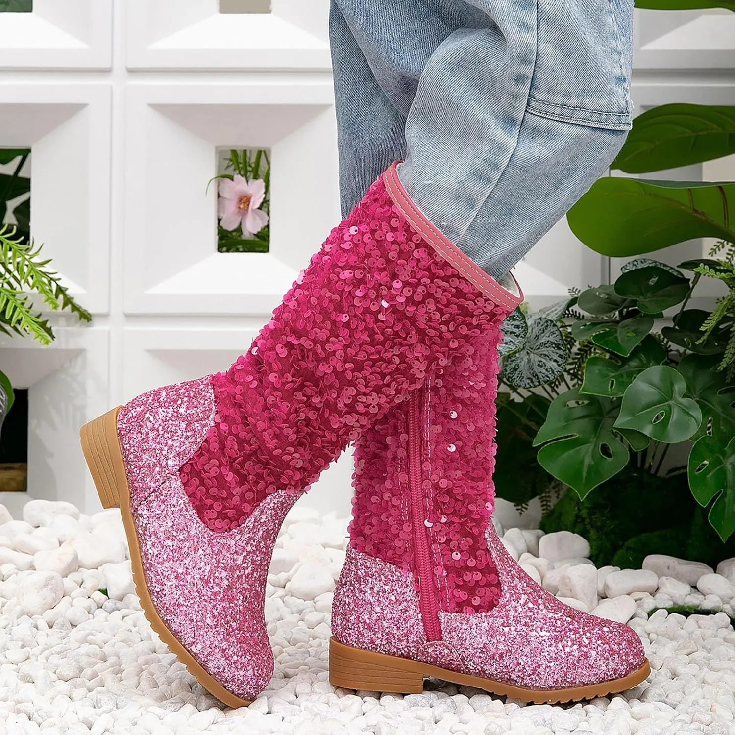 Cowgirl Boots for Girls Kids Toddler Glitter Western Cowboy Boots Zipper Color Block Sparkly Sequins Riding Shoes