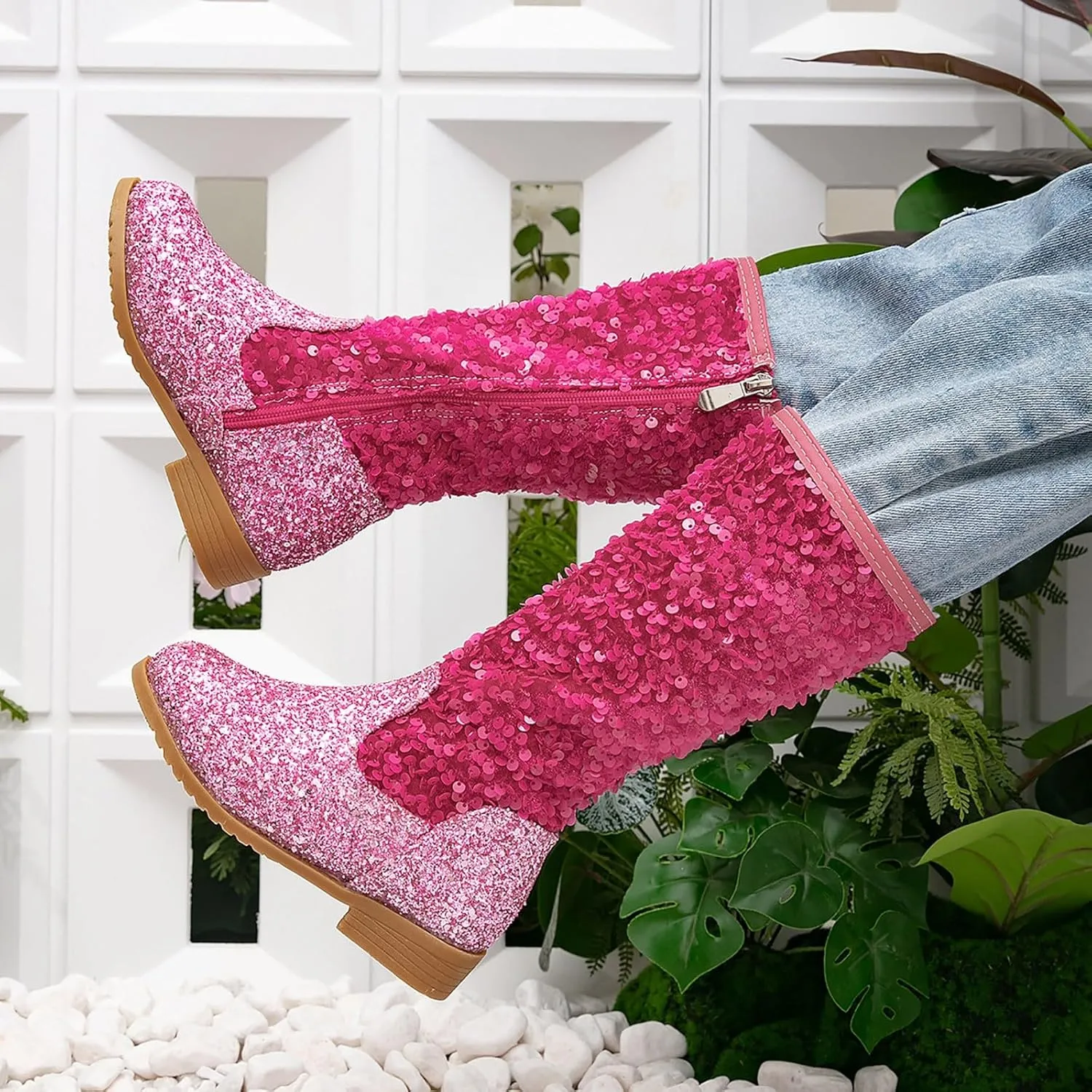 Cowgirl Boots for Girls Kids Toddler Glitter Western Cowboy Boots Zipper Color Block Sparkly Sequins Riding Shoes