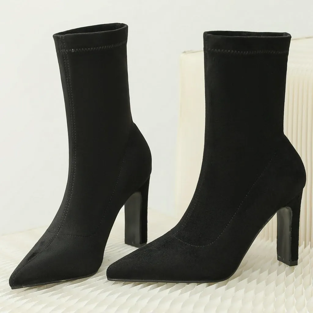 DINTAHA Stretch Faux Suede Ankle Boots Chunky Heel Pointed Toe Booties Fall Boots Women
