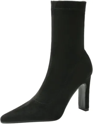 DINTAHA Stretch Faux Suede Ankle Boots Chunky Heel Pointed Toe Booties Fall Boots Women