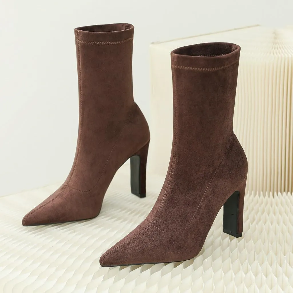 DINTAHA Stretch Faux Suede Ankle Boots Chunky Heel Pointed Toe Booties Fall Boots Women