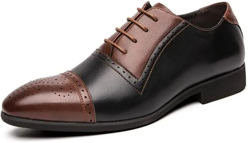 Dress Oxford Shoes for Men Lace Up Two Tone White and Brown Brogue Cap Toe Vegan Leather Low Top Slip Resistant Block Heel Prom(Black Brown,10 M US)