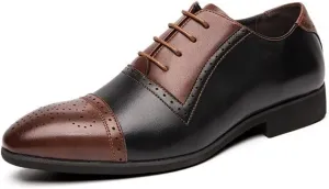 Dress Oxford Shoes for Men Lace Up Two Tone White and Brown Brogue Cap Toe Vegan Leather Low Top Slip Resistant Block Heel Prom(Black Brown,10 M US)