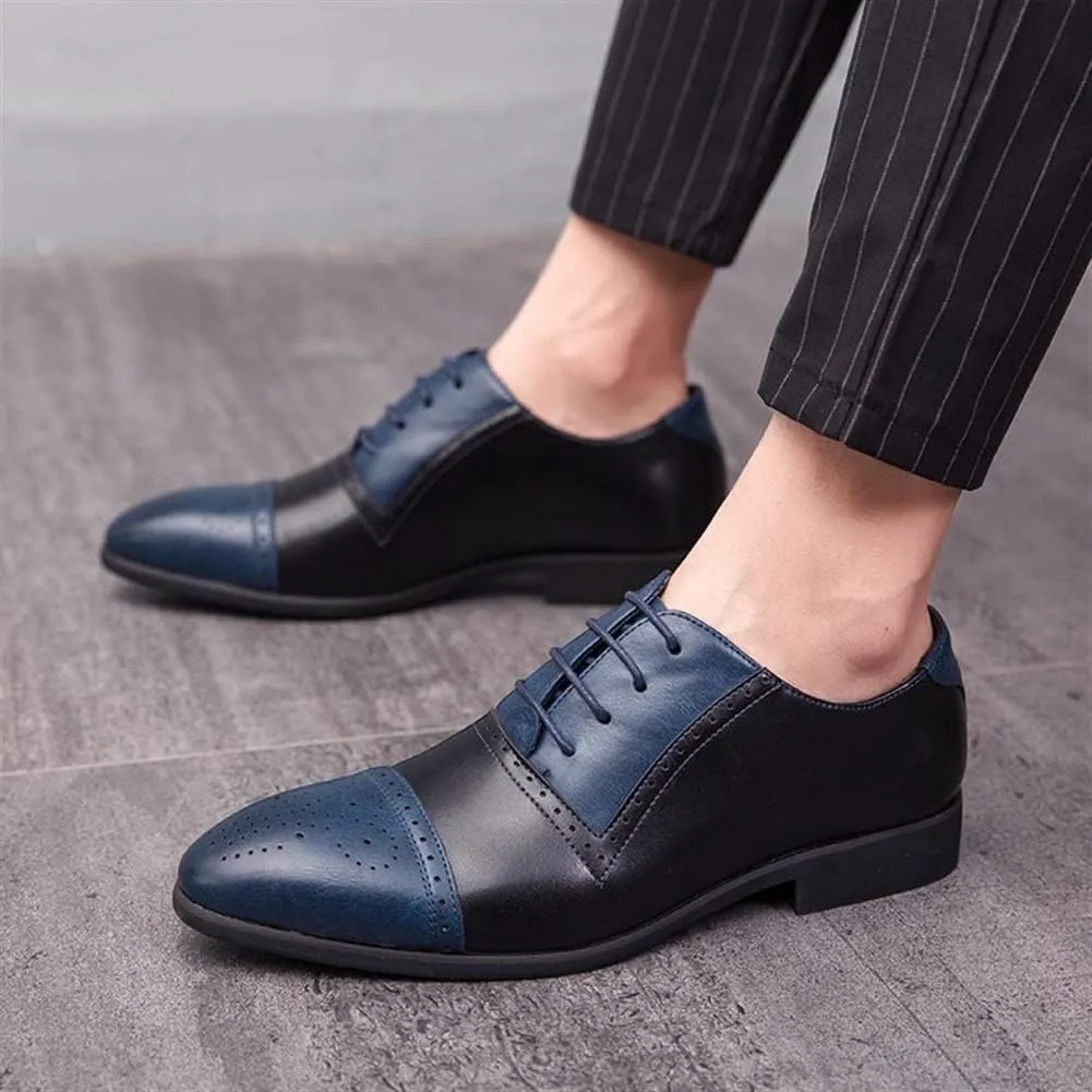 Dress Oxford Shoes for Men Lace Up Two Tone White and Brown Brogue Cap Toe Vegan Leather Rubber Sole Block Heel Slip Resistant Business