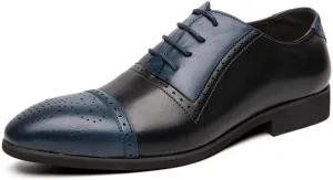 Dress Oxford Shoes for Men Lace Up Two Tone White and Brown Brogue Cap Toe Vegan Leather Rubber Sole Block Heel Slip Resistant Business