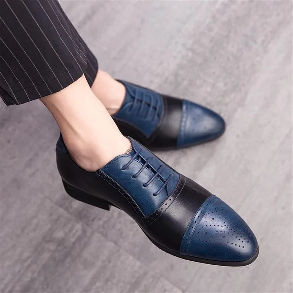 Dress Oxford Shoes for Men Lace Up Two Tone White and Brown Brogue Cap Toe Vegan Leather Rubber Sole Block Heel Slip Resistant Business