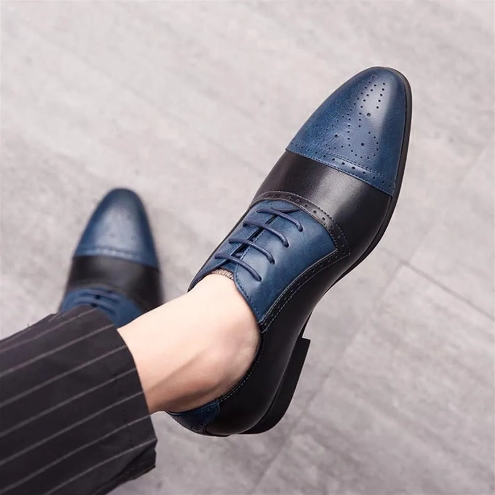 Dress Oxford Shoes for Men Lace Up Two Tone White and Brown Brogue Cap Toe Vegan Leather Rubber Sole Block Heel Slip Resistant Business
