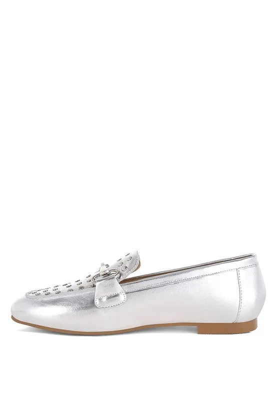 Estafa Horsebit & Studs Metallic Pleather Loafers for Women