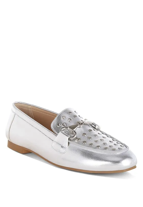 Estafa Horsebit & Studs Metallic Pleather Loafers for Women