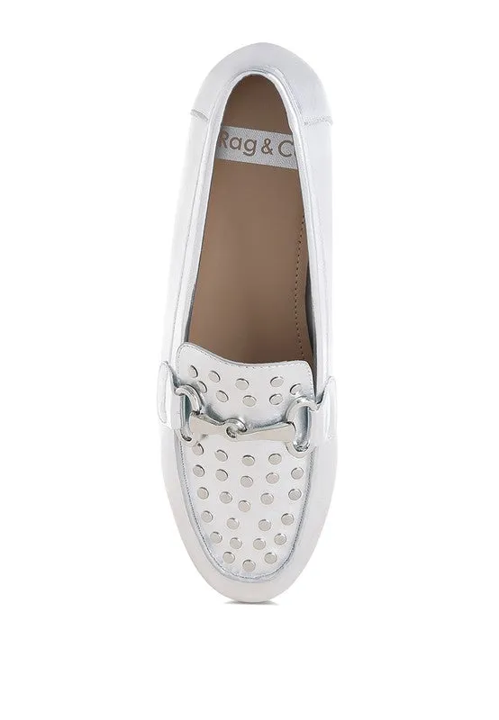 Estafa Horsebit & Studs Metallic Pleather Loafers for Women