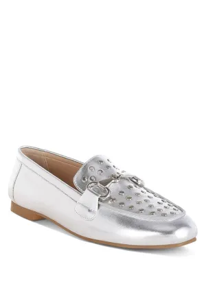Estafa Horsebit & Studs Metallic Pleather Loafers for Women