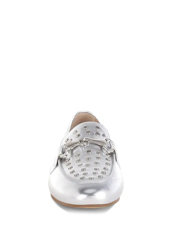 Estafa Horsebit & Studs Metallic Pleather Loafers for Women