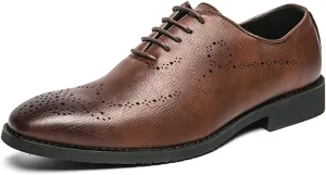 Formal Dress Shoes for Men Lace Up Brogue Embossed Wing tip Vegan Leather Rubber Sole Low Top Anti-Slip Block Heel Party (Color : Brown, Size : 8)