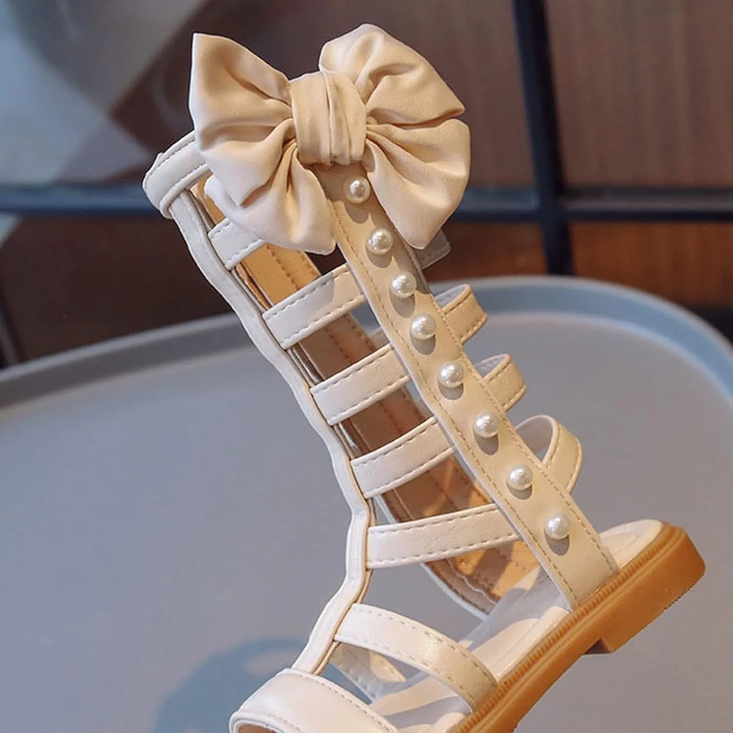 Girls High Top Strapped Sandals with Side Zipper Open Toe Lightweight Summer Flat Trendy Shoes with Pearl and Bow