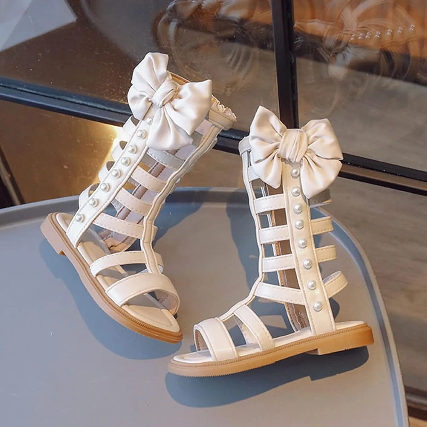 Girls High Top Strapped Sandals with Side Zipper Open Toe Lightweight Summer Flat Trendy Shoes with Pearl and Bow