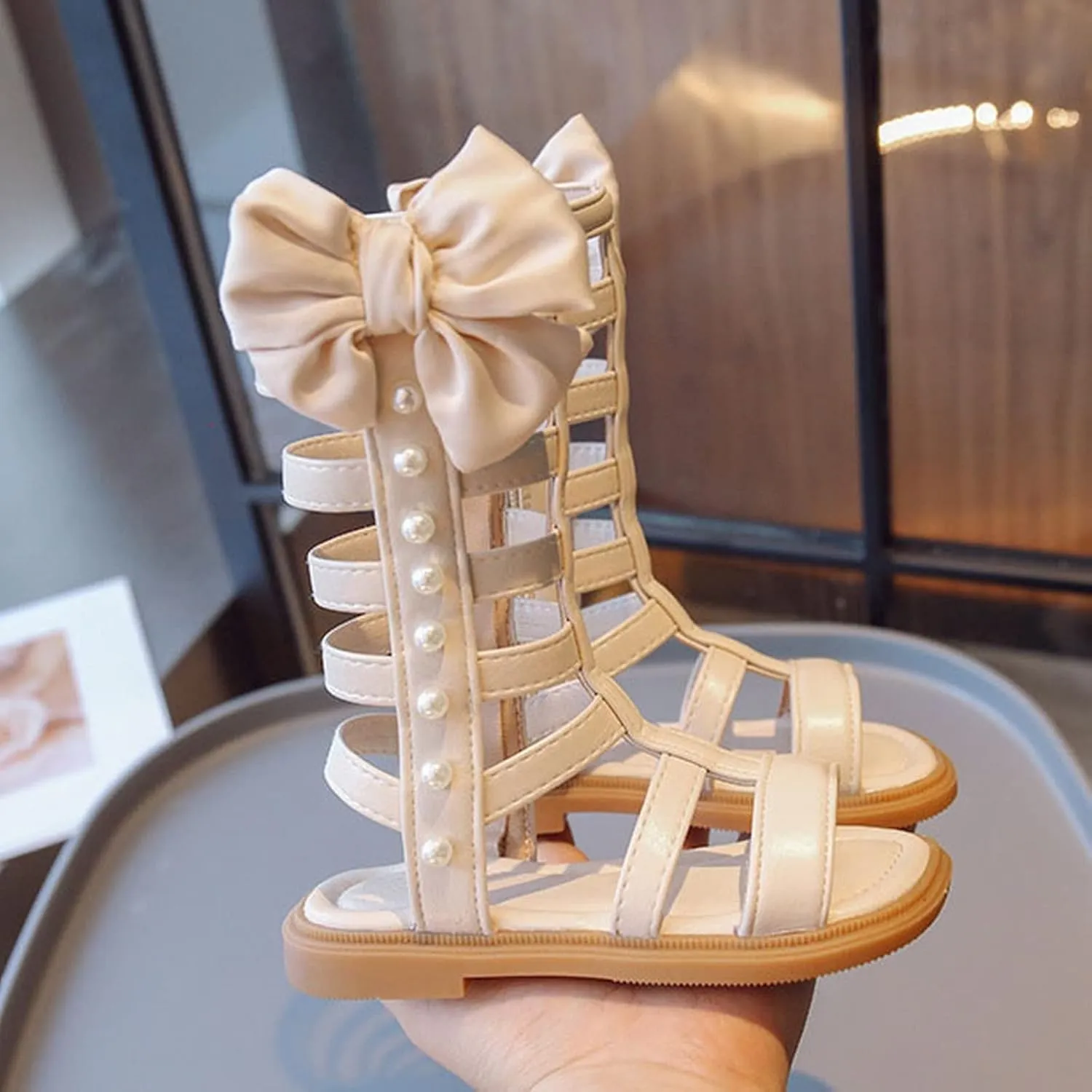 Girls High Top Strapped Sandals with Side Zipper Open Toe Lightweight Summer Flat Trendy Shoes with Pearl and Bow