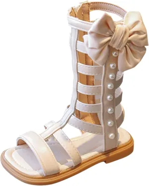 Girls High Top Strapped Sandals with Side Zipper Open Toe Lightweight Summer Flat Trendy Shoes with Pearl and Bow