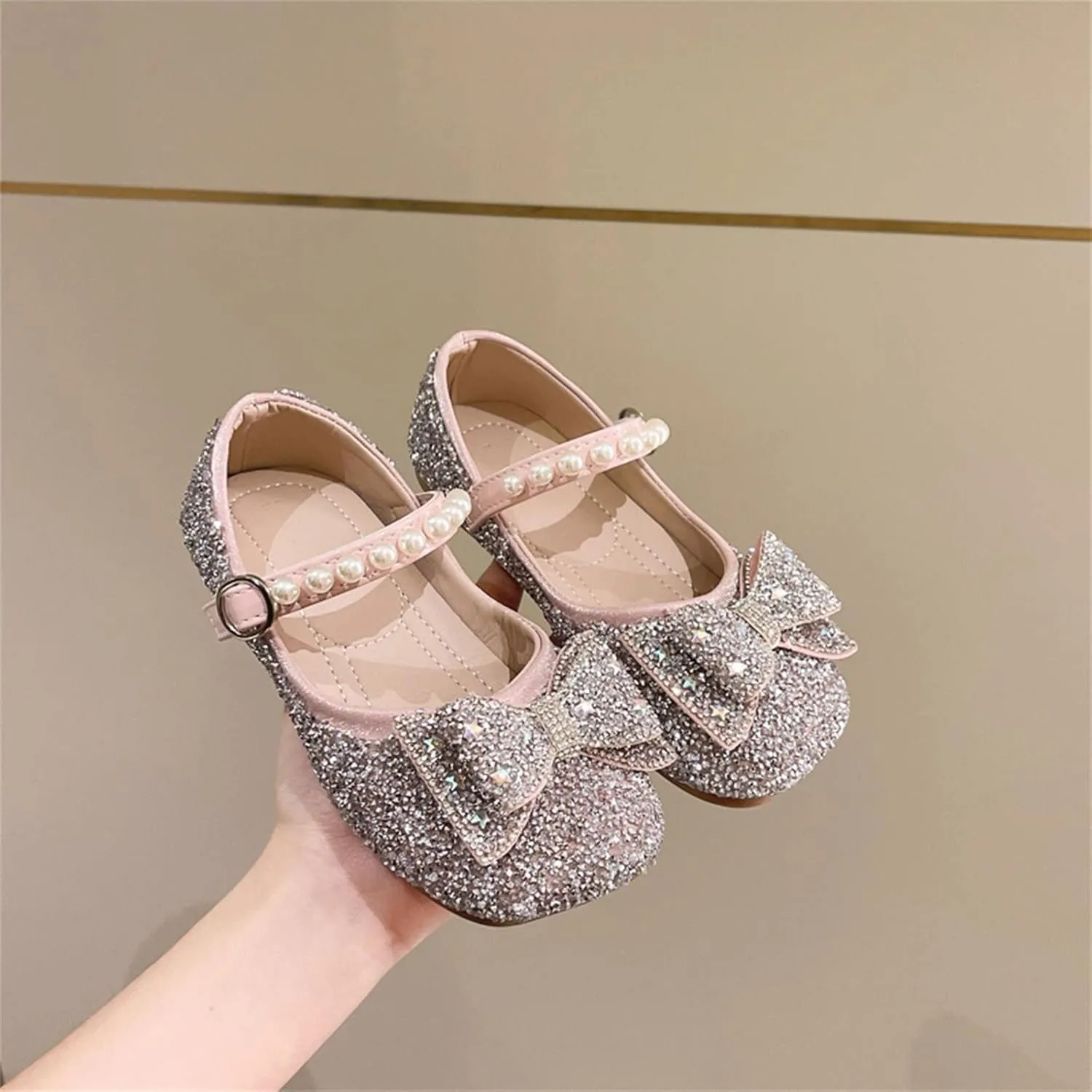 Girls Kids Dress Sandals Sequins Pearl Bow Closed Toe Princess Shoes Summer ow Heels Casual Strap Slipper Fashion Comfy
