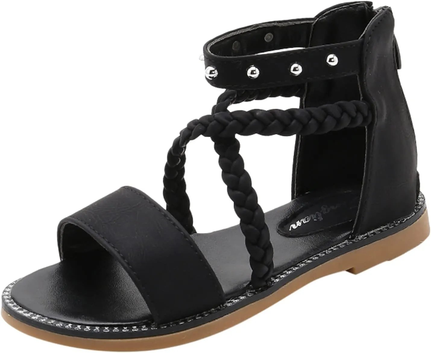 Girls Kids Leather Gldiator Sandals Ankle Open Toe X-Strap Flat Shoes Summer Casual Rubber Sole Non Slip Shoes Comfy