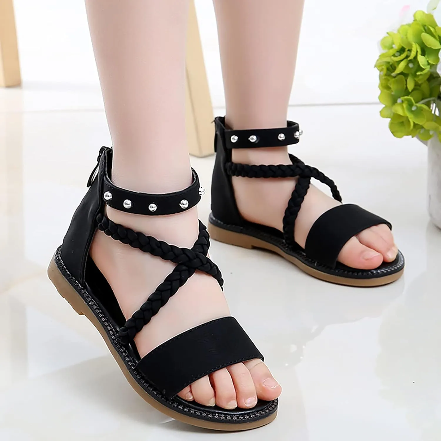 Girls Kids Leather Gldiator Sandals Ankle Open Toe X-Strap Flat Shoes Summer Casual Rubber Sole Non Slip Shoes Comfy