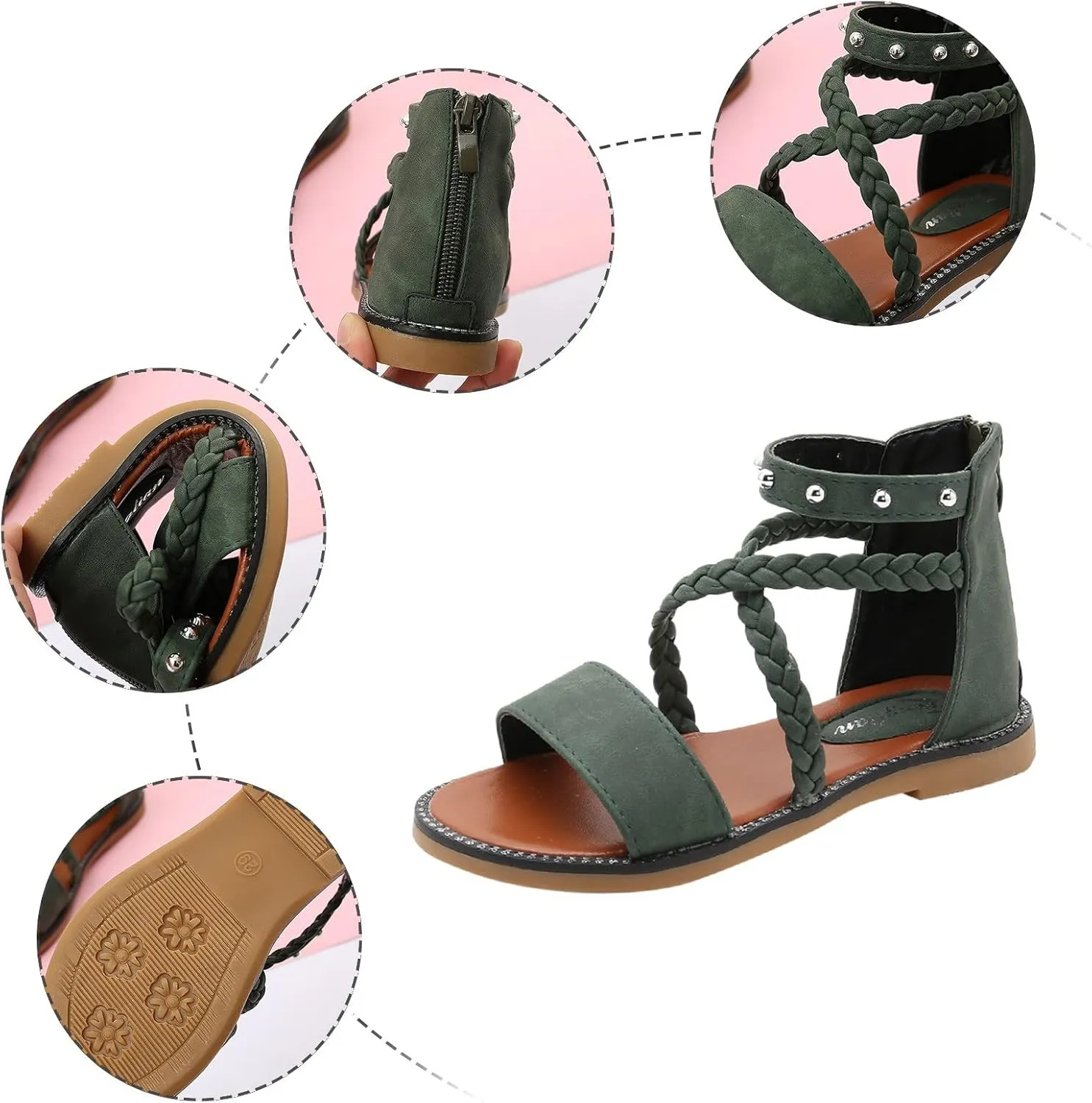 Girls Kids Leather Gldiator Sandals Ankle Open Toe X-Strap Flat Shoes Summer Casual Rubber Sole Non Slip Shoes Comfy