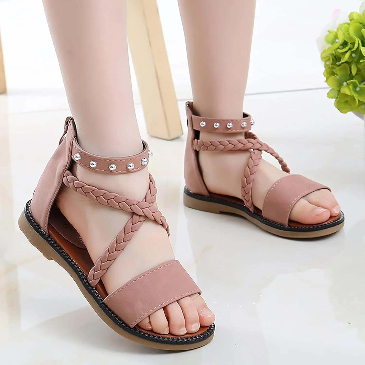 Girls Kids Leather Gldiator Sandals Ankle Open Toe X-Strap Flat Shoes Summer Casual Rubber Sole Non Slip Shoes Comfy