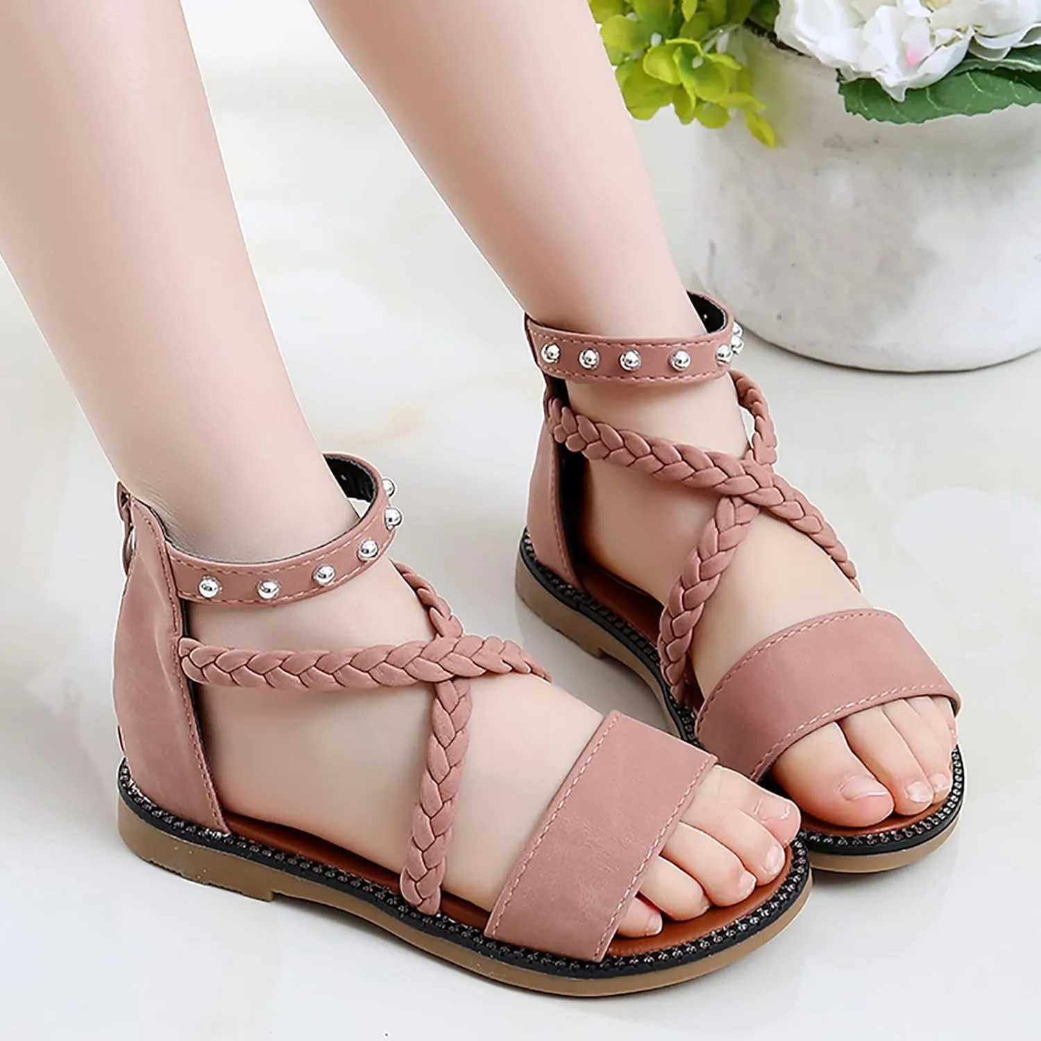 Girls Kids Leather Gldiator Sandals Ankle Open Toe X-Strap Flat Shoes Summer Casual Rubber Sole Non Slip Shoes Comfy