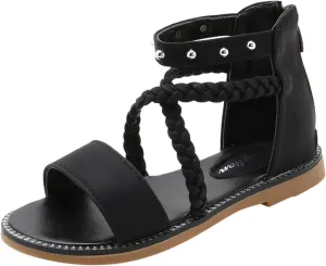 Girls Kids Leather Gldiator Sandals Ankle Open Toe X-Strap Flat Shoes Summer Casual Rubber Sole Non Slip Shoes Comfy