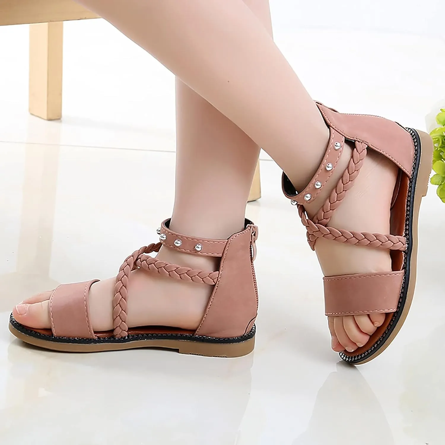 Girls Kids Leather Gldiator Sandals Ankle Open Toe X-Strap Flat Shoes Summer Casual Rubber Sole Non Slip Shoes Comfy