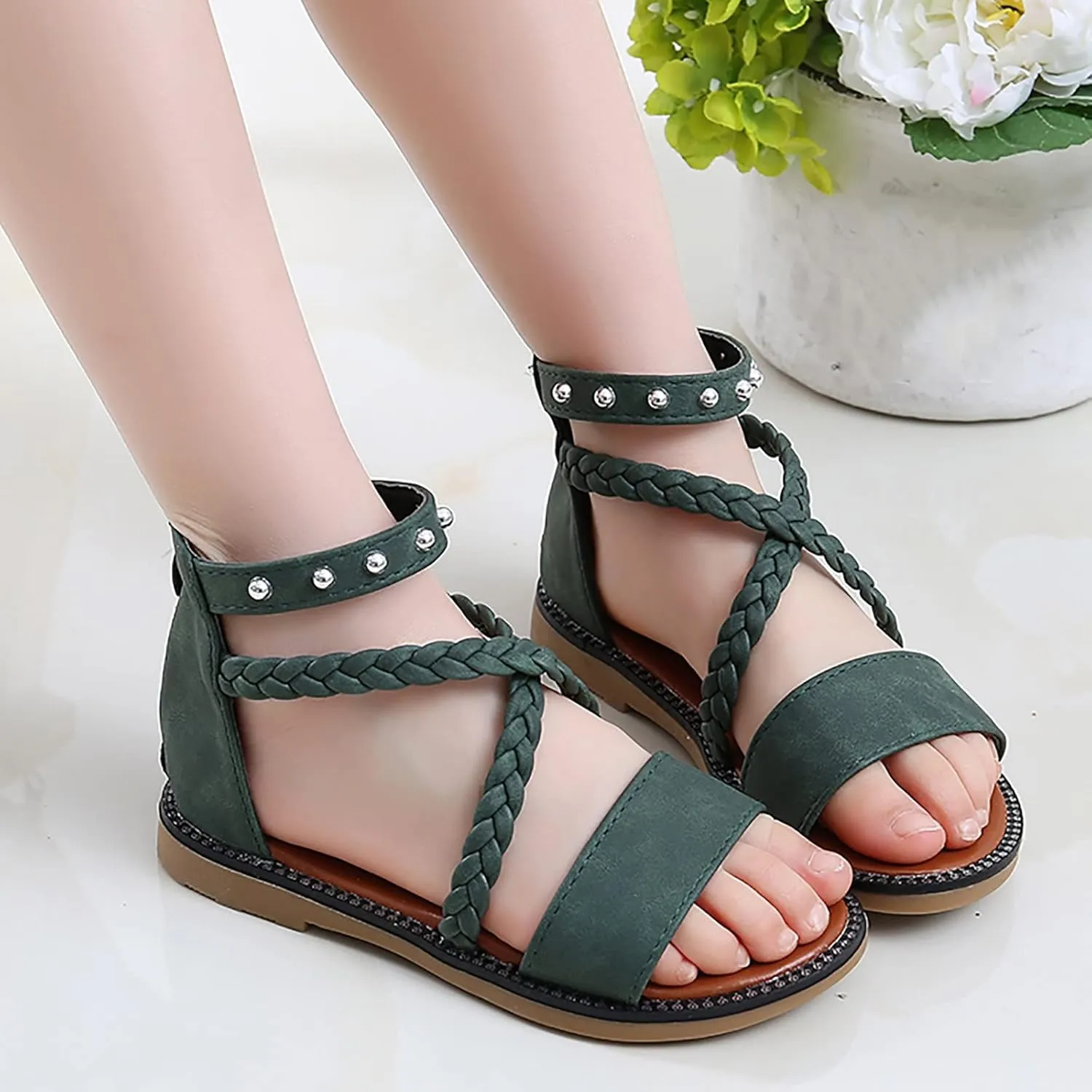 Girls Kids Leather Gldiator Sandals Ankle Open Toe X-Strap Flat Shoes Summer Casual Rubber Sole Non Slip Shoes Comfy
