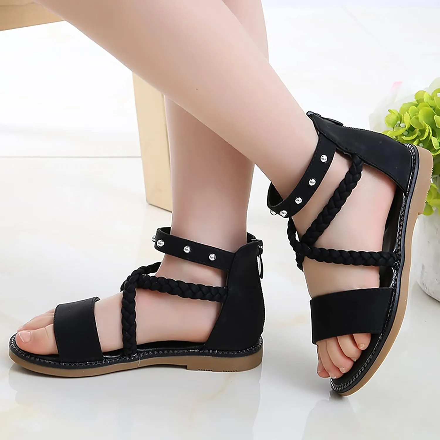 Girls Kids Leather Gldiator Sandals Ankle Open Toe X-Strap Flat Shoes Summer Casual Rubber Sole Non Slip Shoes Comfy