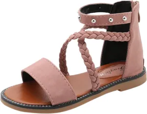 Girls Kids Leather Gldiator Sandals Ankle Open Toe X-Strap Flat Shoes Summer Casual Rubber Sole Non Slip Shoes Comfy
