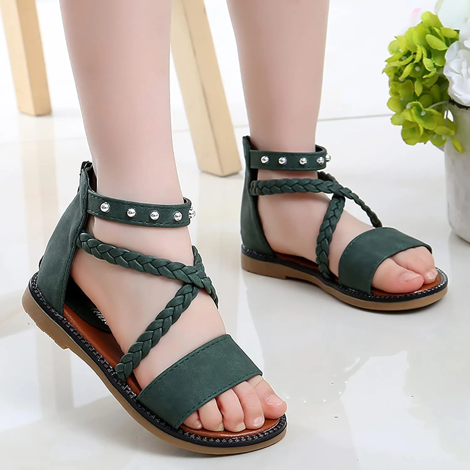 Girls Kids Leather Gldiator Sandals Ankle Open Toe X-Strap Flat Shoes Summer Casual Rubber Sole Non Slip Shoes Comfy