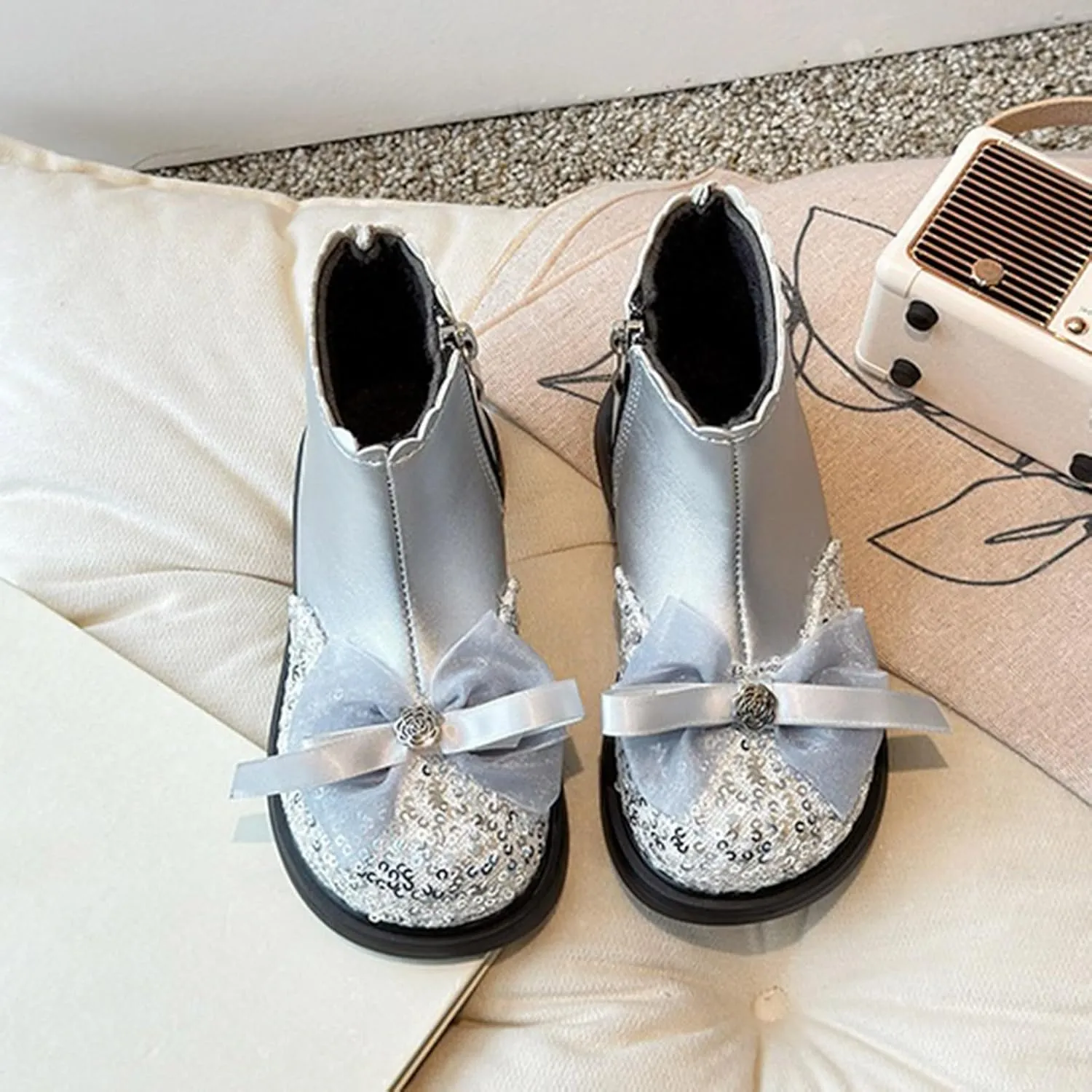 Girls Sequin Bowknot Ankle Boot Low Heel Lightweight Comfy Soft Birthday Dress Shoes Two Girl under The Boot