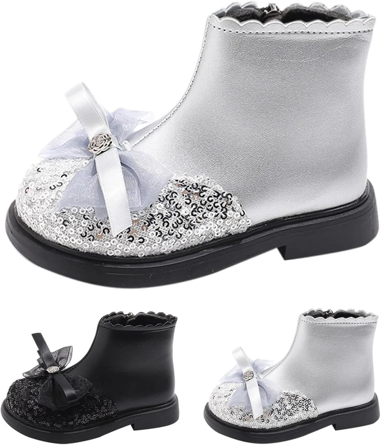 Girls Sequin Bowknot Ankle Boot Low Heel Lightweight Comfy Soft Birthday Dress Shoes Two Girl under The Boot