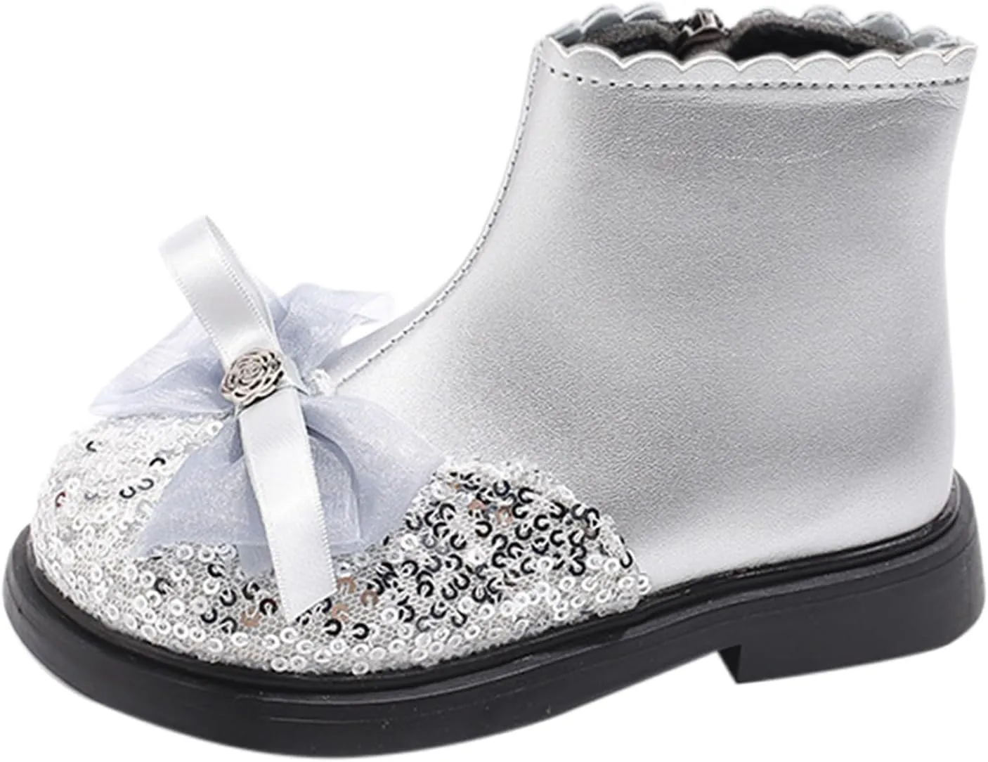 Girls Sequin Bowknot Ankle Boot Low Heel Lightweight Comfy Soft Birthday Dress Shoes Two Girl under The Boot