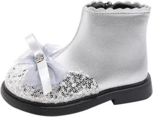 Girls Sequin Bowknot Ankle Boot Low Heel Lightweight Comfy Soft Birthday Dress Shoes Two Girl under The Boot