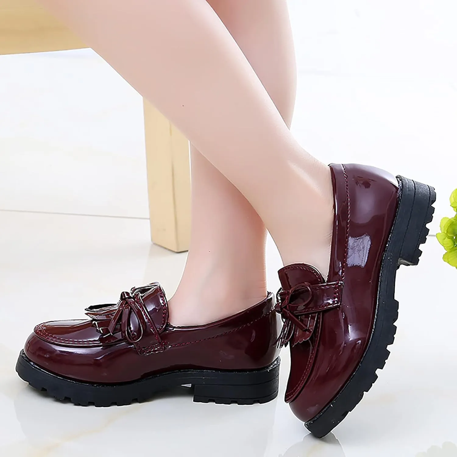 Girls Slip On Leather Loafer Tassel Bow School Dress Shoes For Girls Water Shoes Toddler