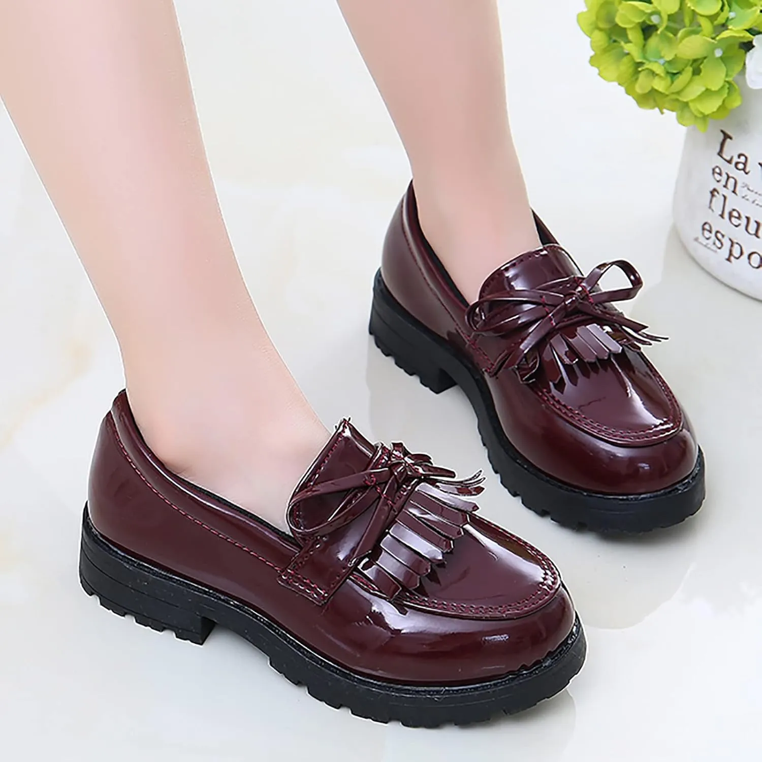Girls Slip On Leather Loafer Tassel Bow School Dress Shoes For Girls Water Shoes Toddler