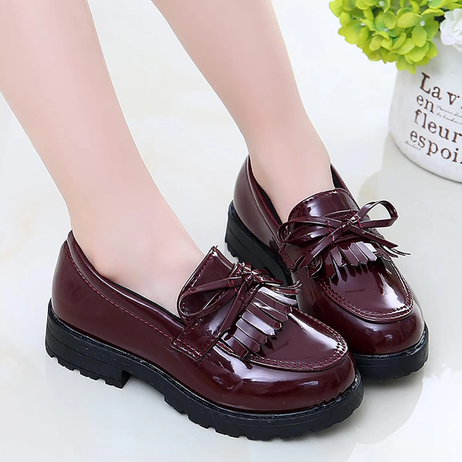 Girls Slip On Leather Loafer Tassel Bow School Dress Shoes For Girls Water Shoes Toddler